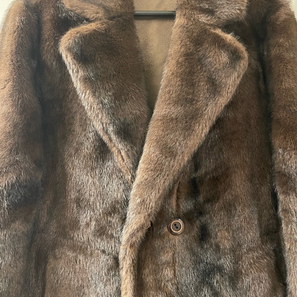 Brown Pea Coat with Plush Texture and Oversized Design - Picture 2 of 2